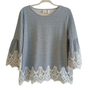 CHICO'S Striped Lace Top Women's L Blue White Nautical Bell Sleeve Peasant Prep